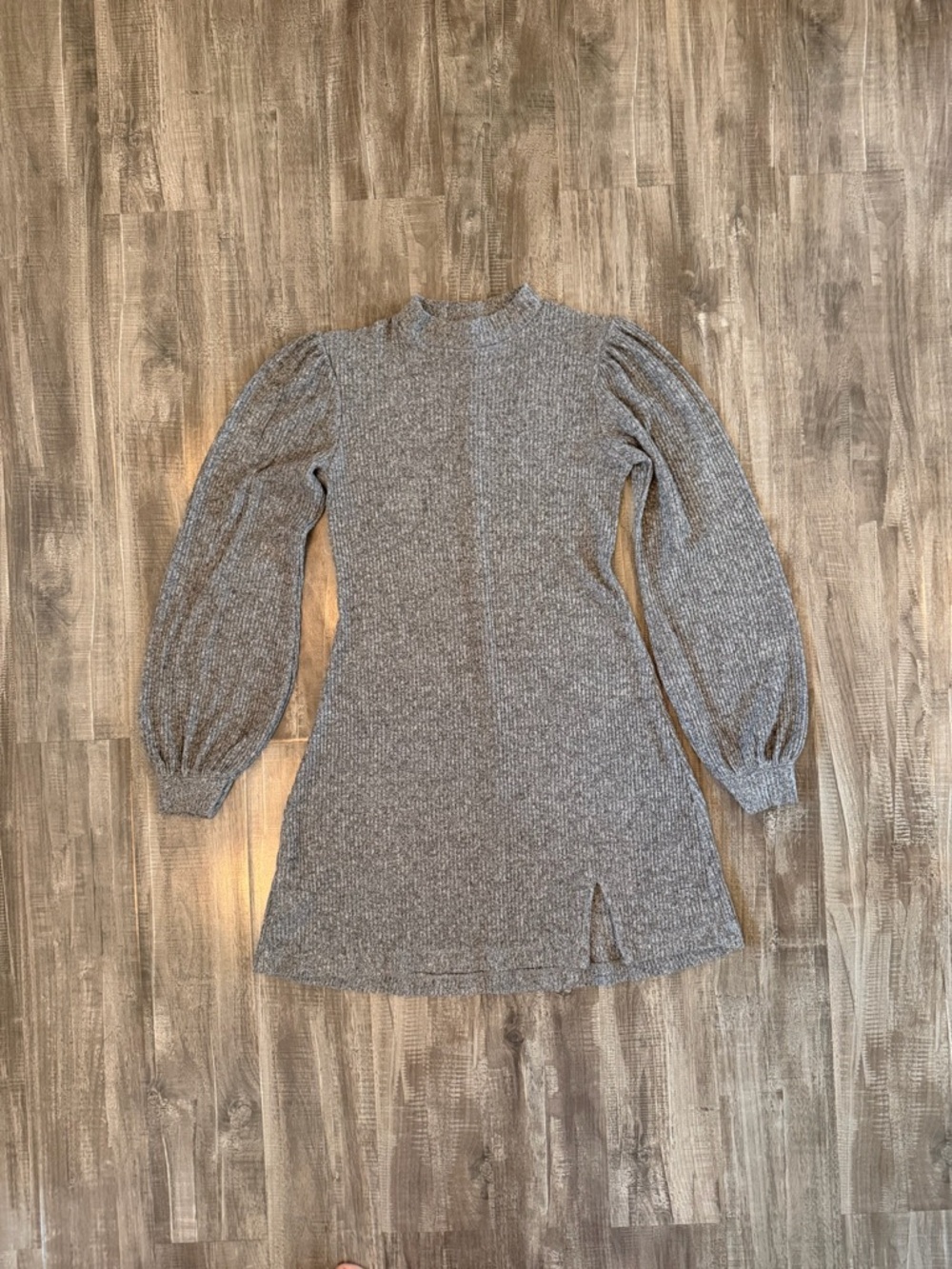 Cozy Gray Ribbed Knit Long-Sleeve Dress